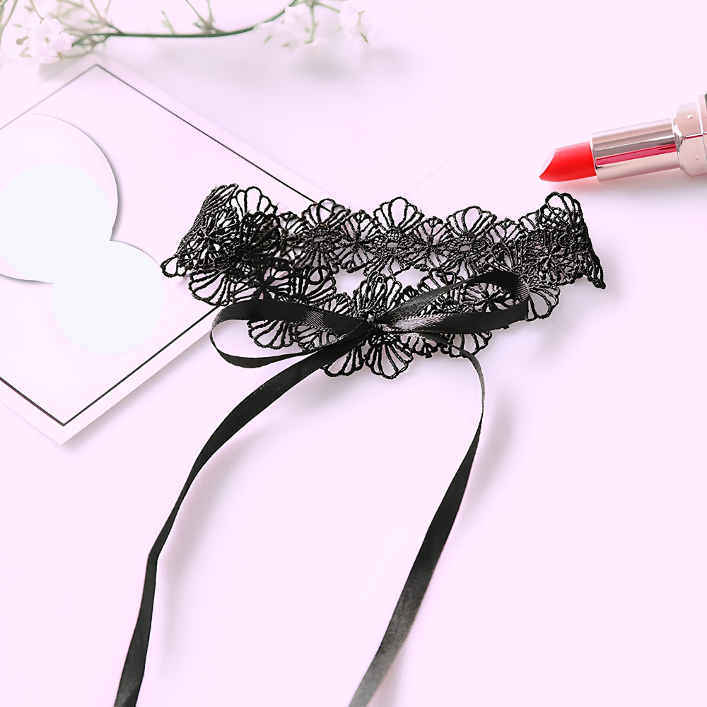 Black floral lace choker with long satin bow ribbon