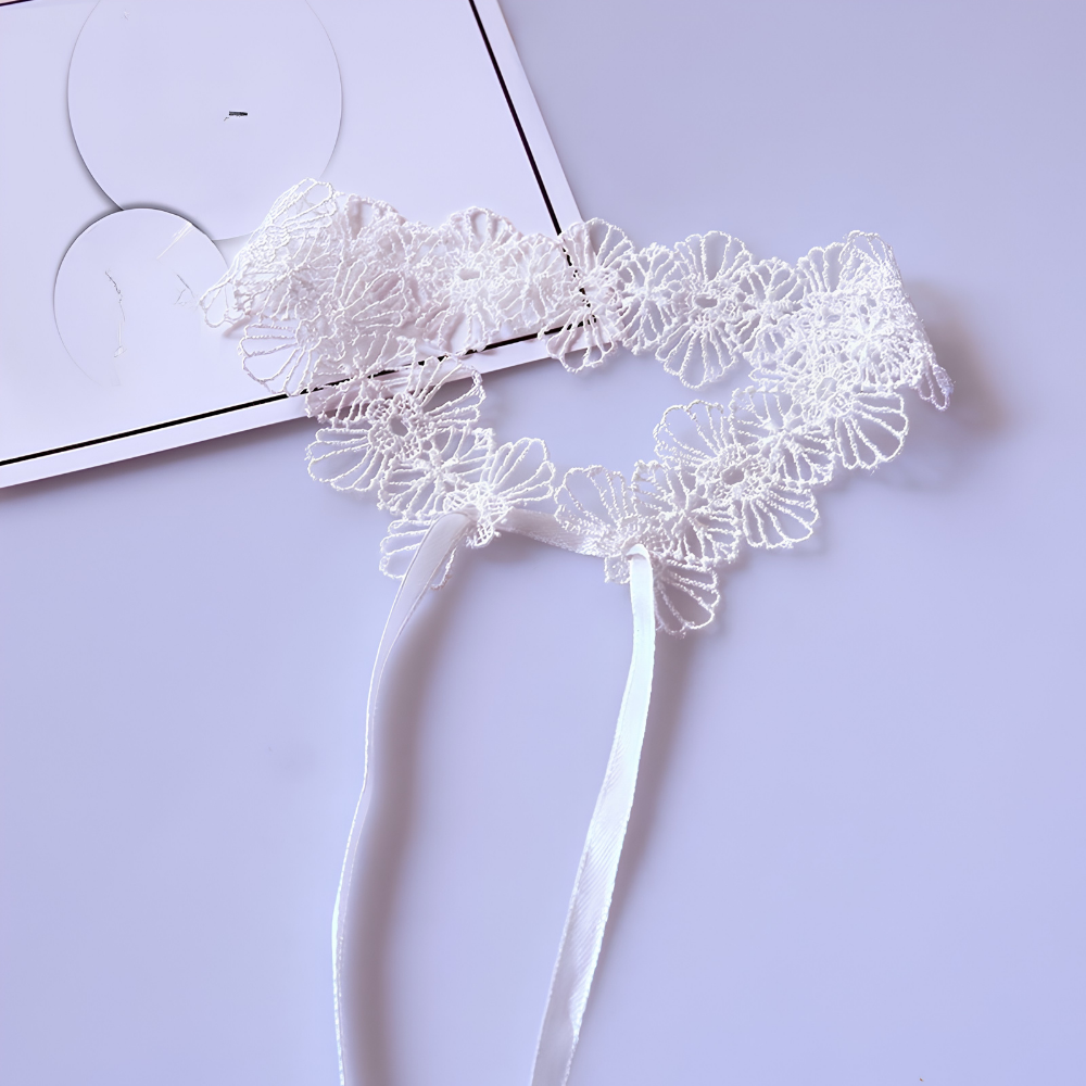 White floral lace choker with long satin bow ribbon