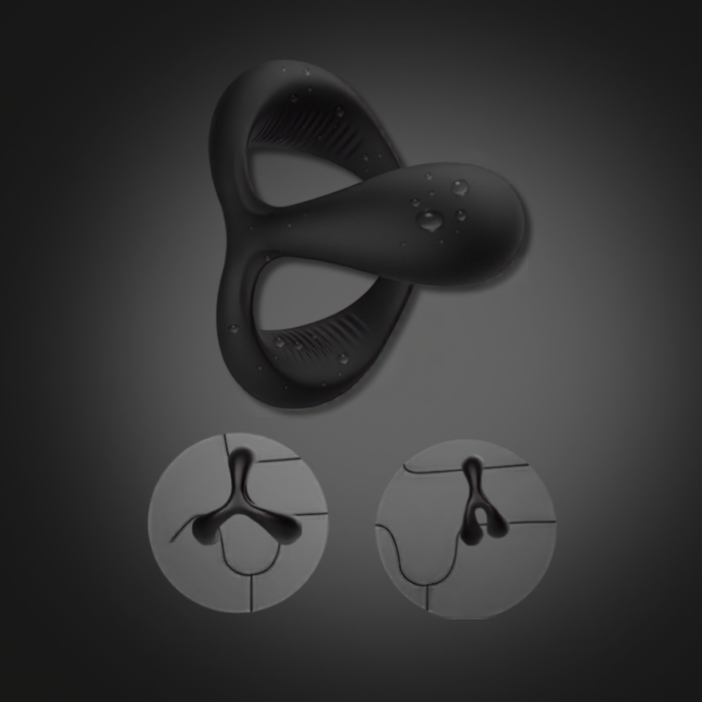 Black silicone cock ring with water droplets and fit diagrams