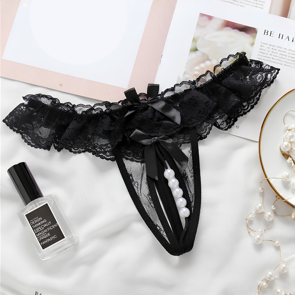 Black pearl lace open-crotch G-string with satin bows