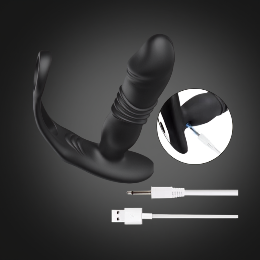 Black prostate massager with charging cable and charging port detail