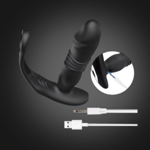 Black prostate massager with charging cable and charging port detail