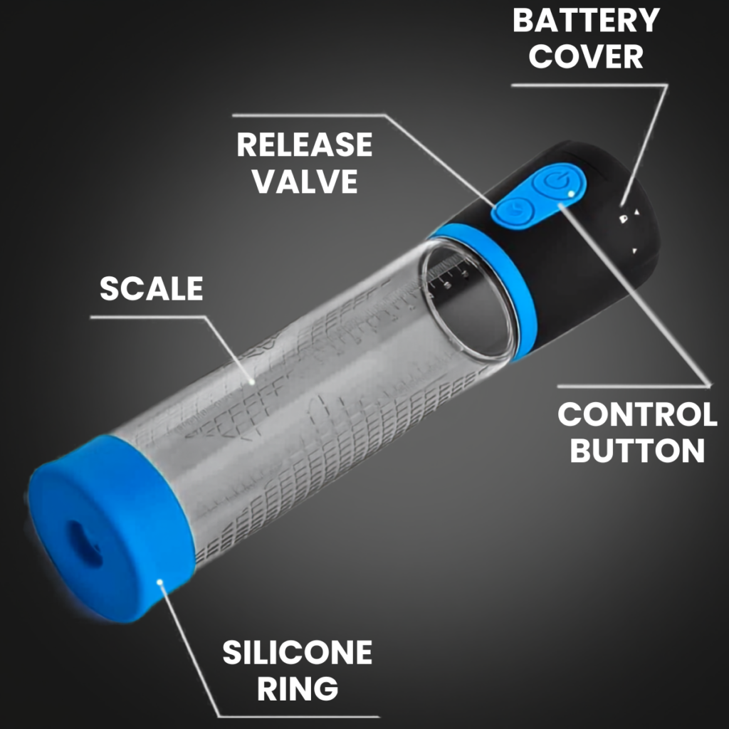 Electric penis pump release valve, control buttons and silicone ring
