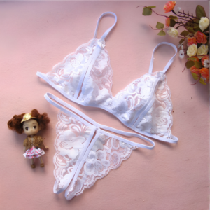 White Open-Crotch Floral Lace Three-Piece Lingerie Set