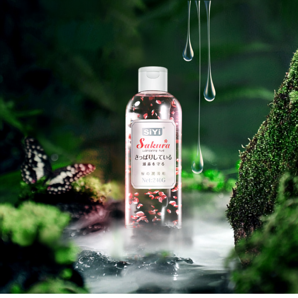 Personal lubricant bottle displayed in a botanical setting